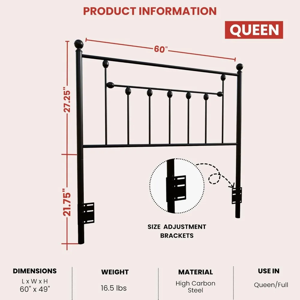 Victoriaanse metalen hoofdeinden, in hoogte verstelbaar ijzeren frame, rustieke boerderijstijl, elegant en duurzaam ontwerp, eenvoudige montage, Uni