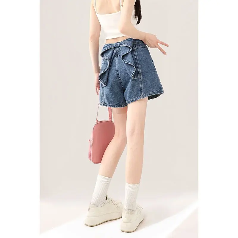 

Summer High Waist A-Line Loose Wide Leg Shorts Sweet Sister 3D Knot Denim Shorts Spicy Girl Slimming Short Pants