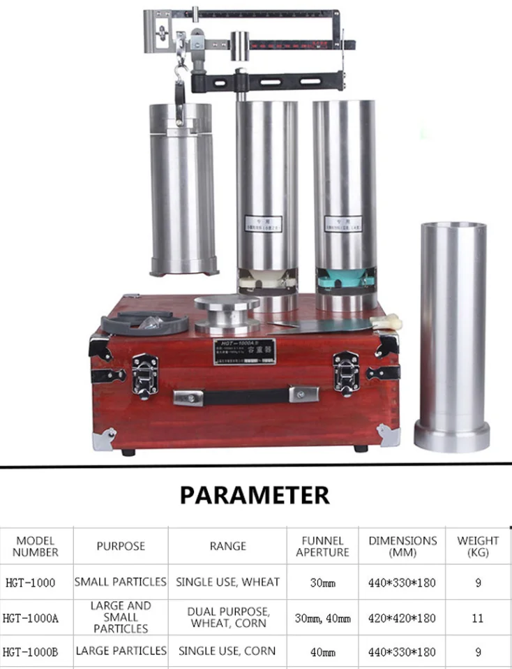 1000 ml Körner Volumen Gewicht Messgerät Weizen Mais Partikel mechanische Volumen Gewichtstester Trichter Öffnung 30 mm 40 mm