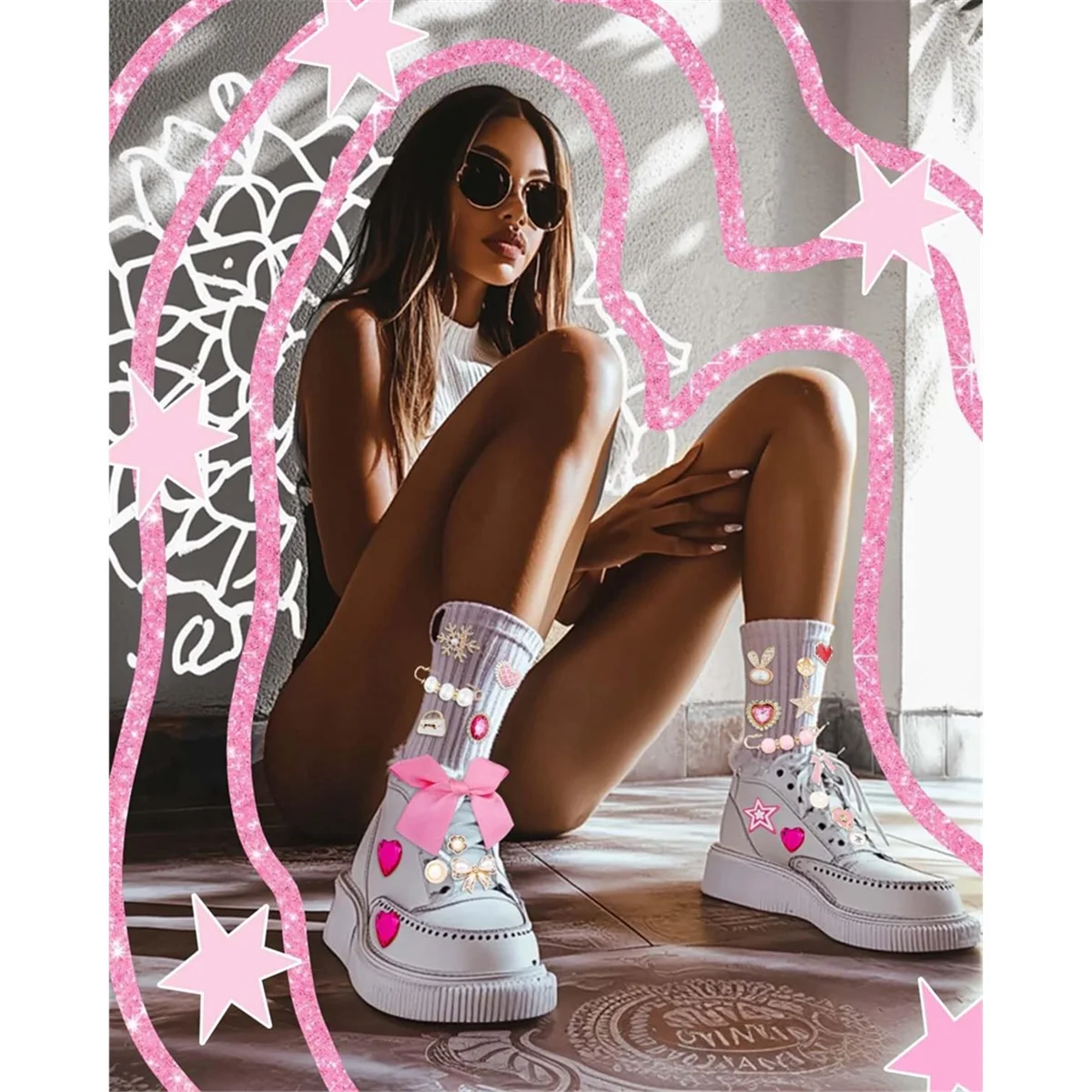 ABGV 87 قطعة مجموعة سحر الجوارب غير المرغوب فيها، دبابيس ودبابيس للنساء، سحر الأحذية مع الأقواس، مجموعة أحذية رياضية ذاتية الصنع مع سلاسل أحجار الراين