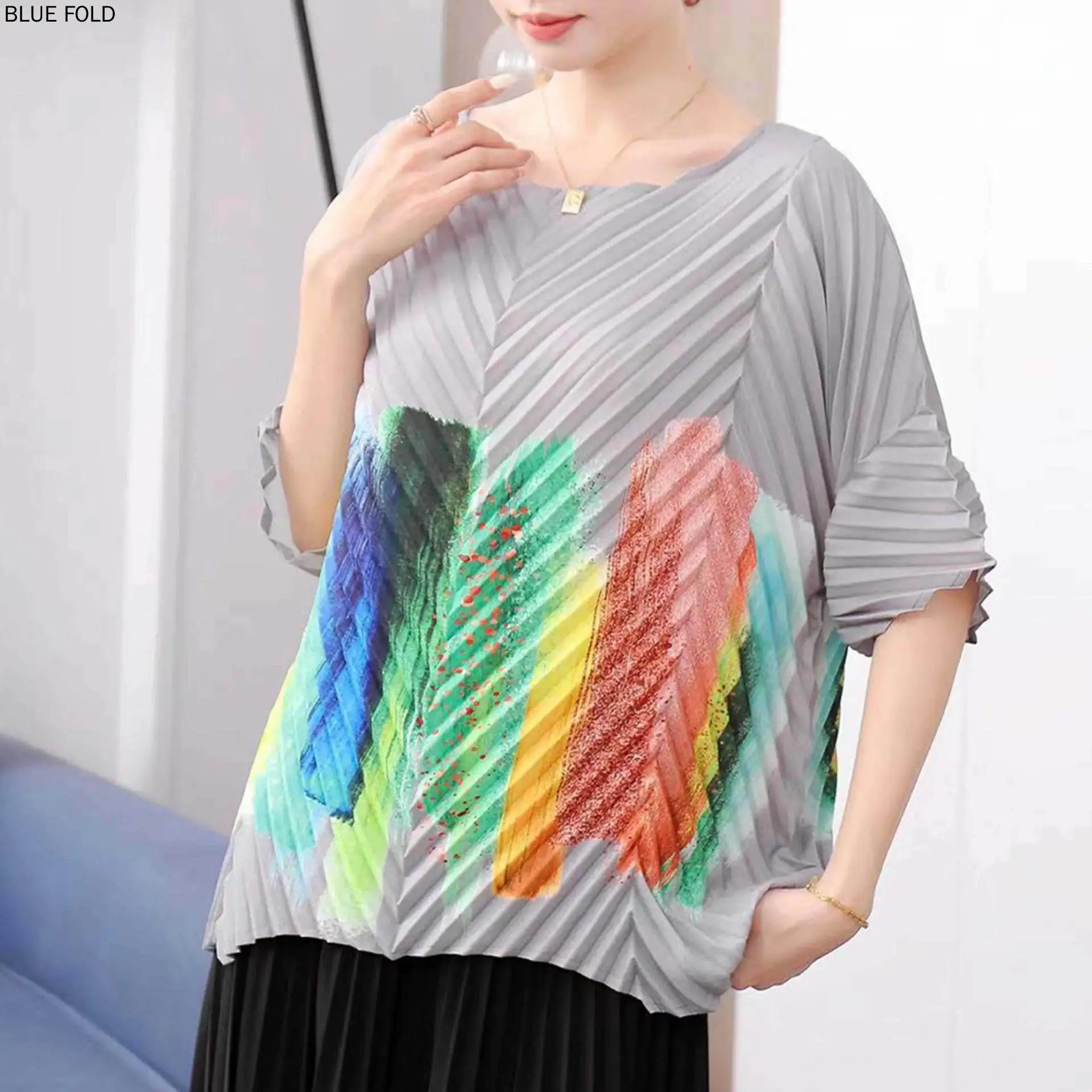 MIYAKE-Round Neck Graffiti Frog Top Clothes for Women, Loose Thin Section, All-Match Breathable Fashion, New