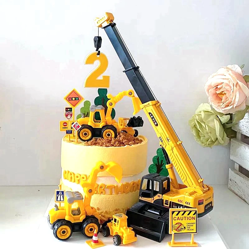 Excavator Tractor Happy Birthday Cake Topper Construction Party Cake Decor Kids Boy One Year Birthday Boy 1st Baby Shower Cake