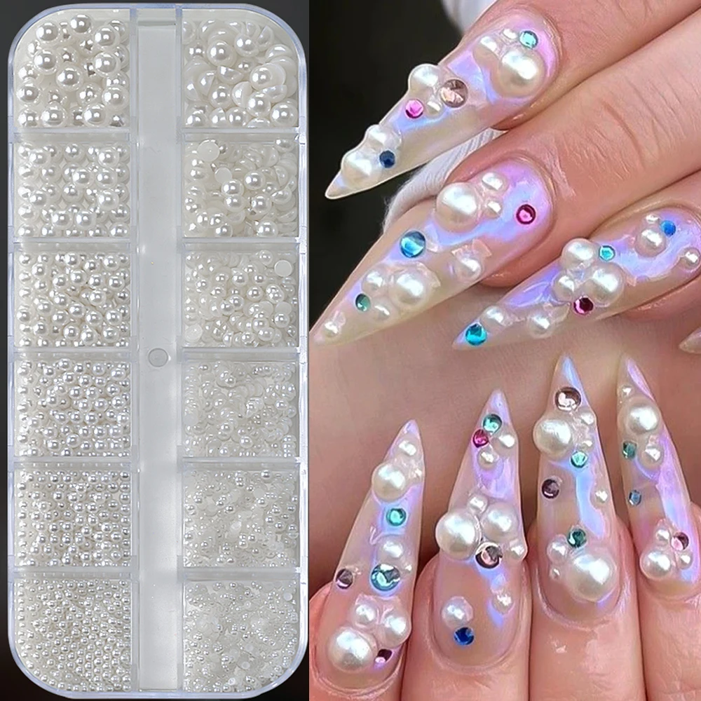 12 grilles mixtes de perles blanches pour ongles, breloques rondes ou demi-cercles 3D, strass pour Nail Art, accessoires de manucure, pièces de bricolage Y7%6K