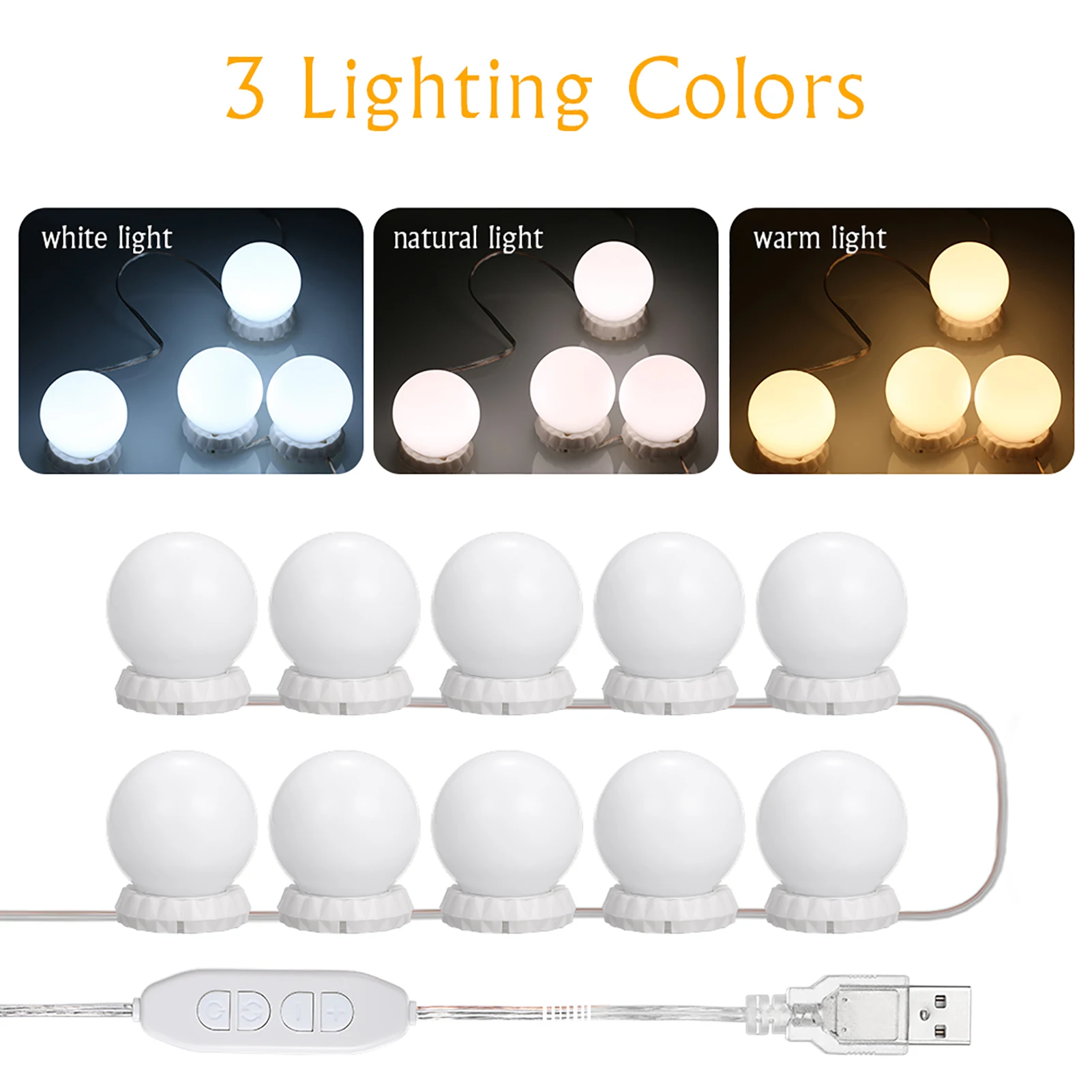 

Vanity LEDs Mirror Lights Kit with 10 Bulbs Adjustable 10 Brightness & 3 Lighting Modes USB Mirror String Light for Makeup Dress
