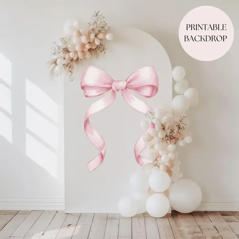 Mehofond Pink Bow Balloon Backdrop Cover Coquette Girl First Birthday Baby Shower Decor 2-sided Chiara Photo Background Photo