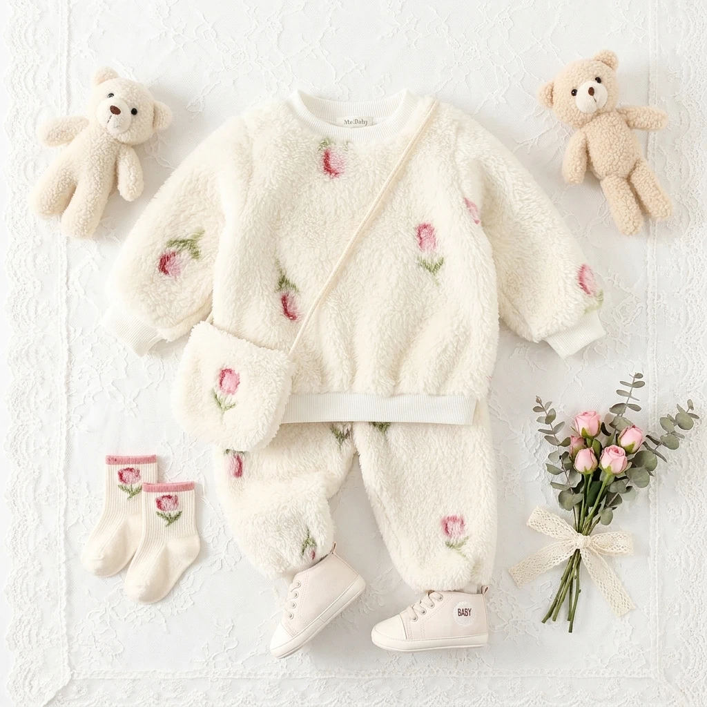 Winter Long Sleeve Baby Outfits Sets Little Kids Tops + Pants Thickened Floral Clothing Cute Fleece