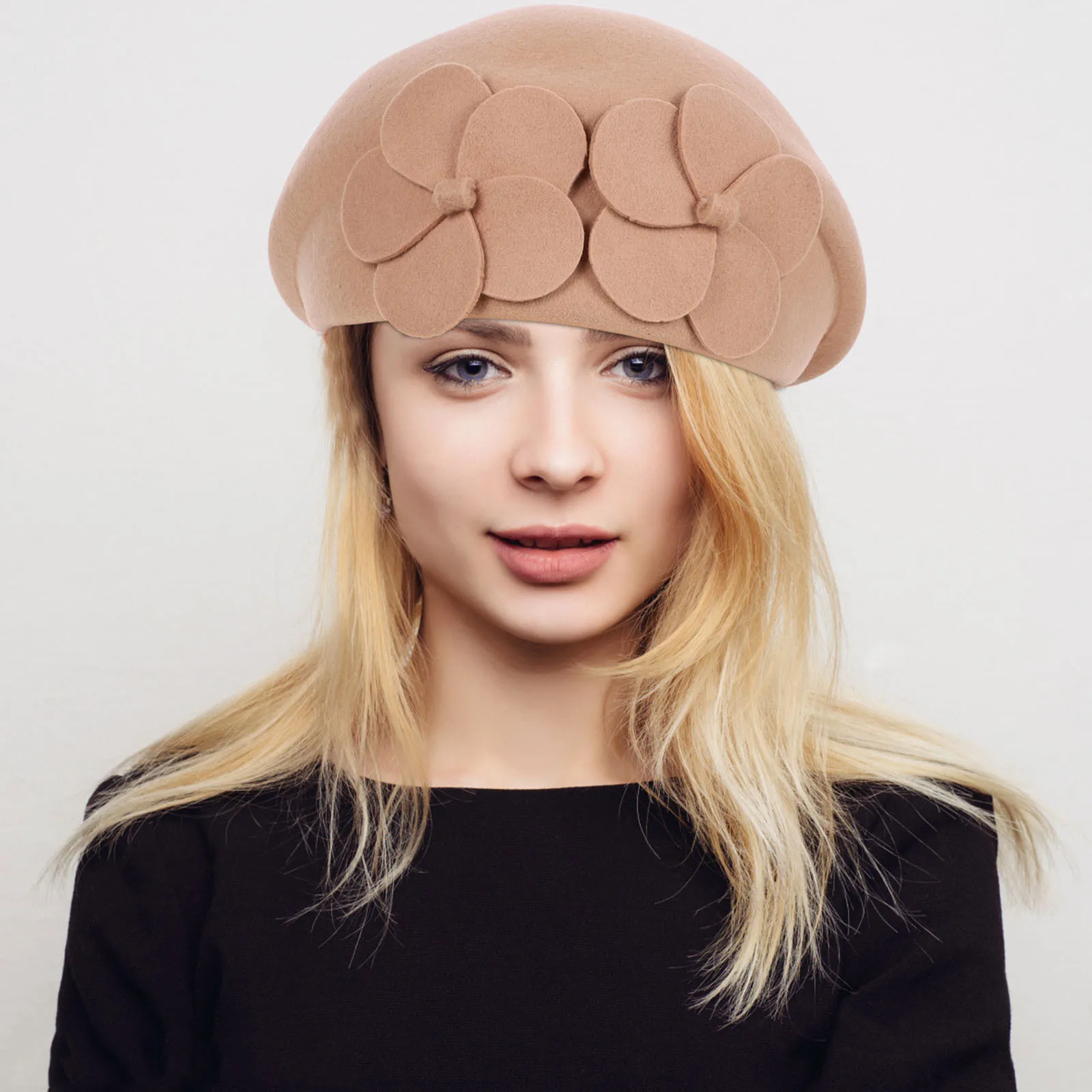 

1Pcs Ladies Woolen Beret Double Flower Decor Stylish Winter Warm Beret British Style Comfortable Soft Elegant Hat