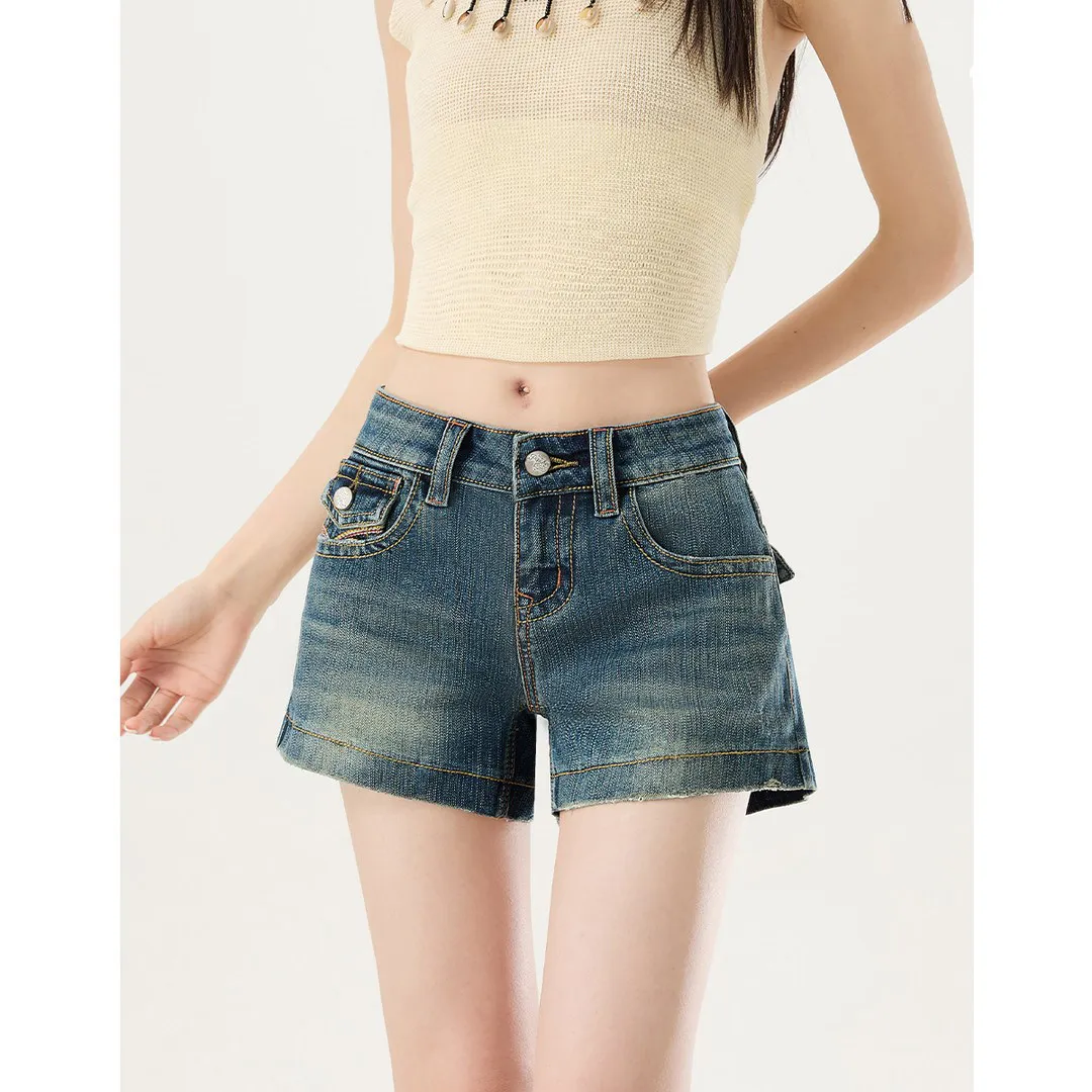 Retro American Low Waist Distressed Denim Shorts Women Summer Loose Cuffed Meat Conceal Leg Lengthening Hot Pants