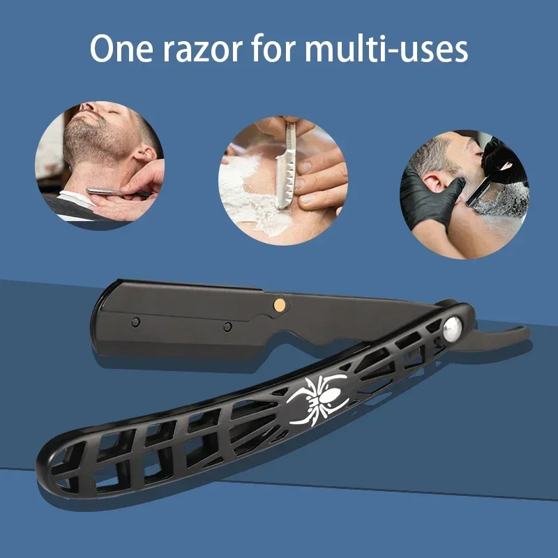 ماكينة حلاقة احترافية قابلة للطي من الفولاذ المقاوم للصدأ، مقبض مقطوع على شكل عنكبوت وسيم مع ملحقات حلاقة بشفرة