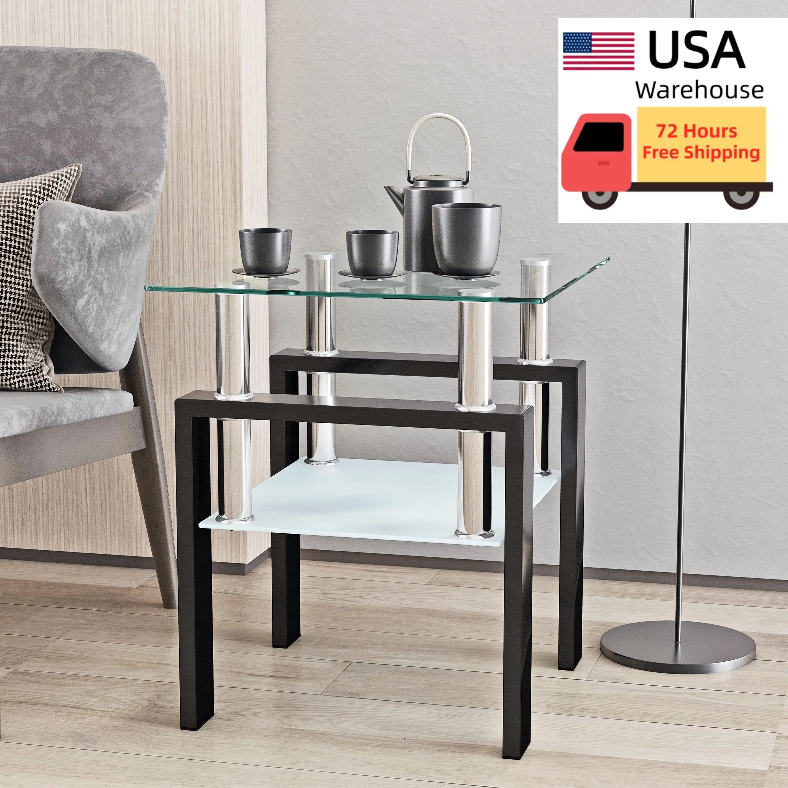 New Modern Small Side Table Tempered Glass Table Two Layer Square Table for Living Room Furniture