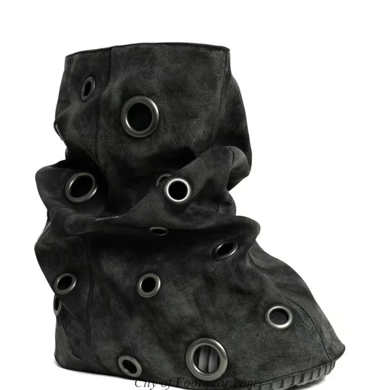 Women's Thick Sole Black/Brown Shark Boots Round Toe Suede Leather Mid Calf Boots Sweet Y2k Cool Luxury Designer Causal Shoes - view 5
