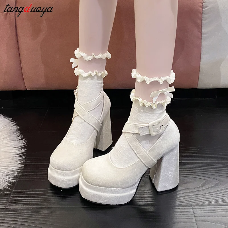 Luxury Fashion Designer Women Mary Jane Shoes Cross Strap Thick Heel Lolita shoes Ladies College Style Platform cosplay Shoes