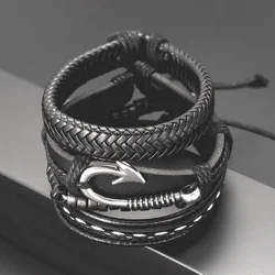 Trend 4Pcs/set Leather Woven Fishhook Bracelet Charm Men's Bracelet New Fashion Jewelry Accessories Party Valentine's Day Gifts