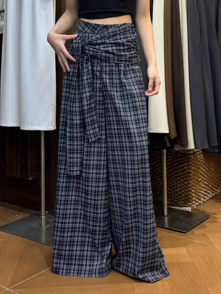 Retro Britse stijl lente ontwerp gebonden geruite gestreepte broek dames losse rechte pijpen hoog getailleerde casual wijde pijpen vloerbroek