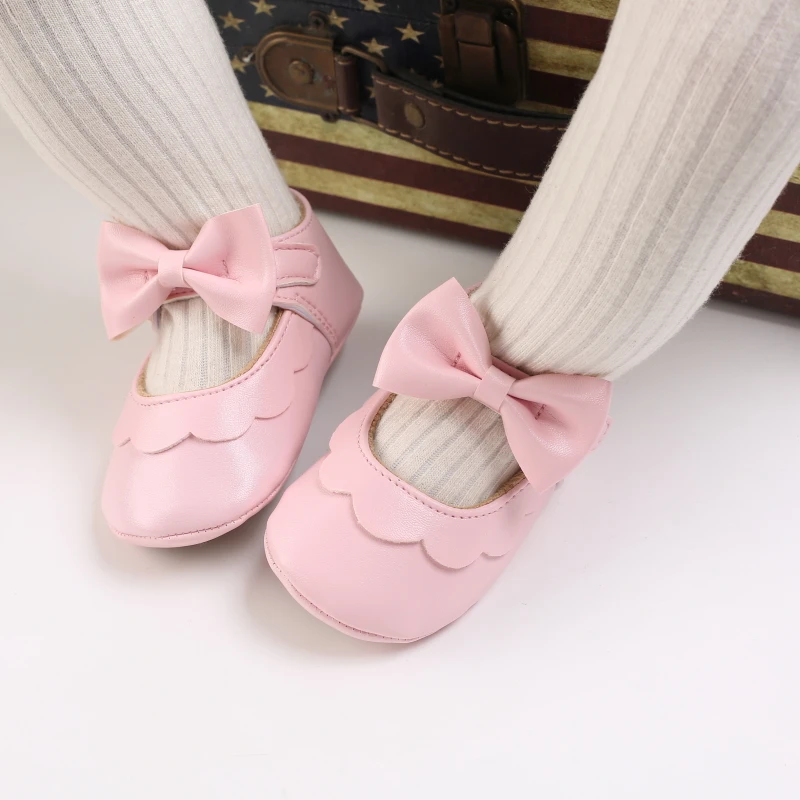 Newborn Baby Shoes Baby Boy Girl Shoes Girl Classic Bowknot Rubber Sole Anti-slip PU Dress Shoes First Walker Toddler Crib Shoes