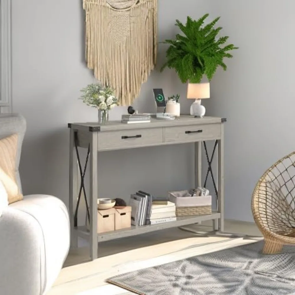 Farmhouse Style Console Table with Storage Drawers for Entryway, Accent Sofa Table with Shelf for Living Room