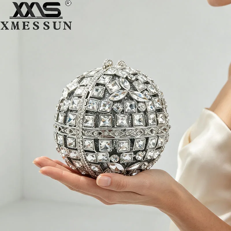 

Woman New Silver Crystal Stone Ball Shape Evening Bag,Luxury Banquet Birthday Party Gift Lady Wedding Bridal Diamonds Clutch Bag