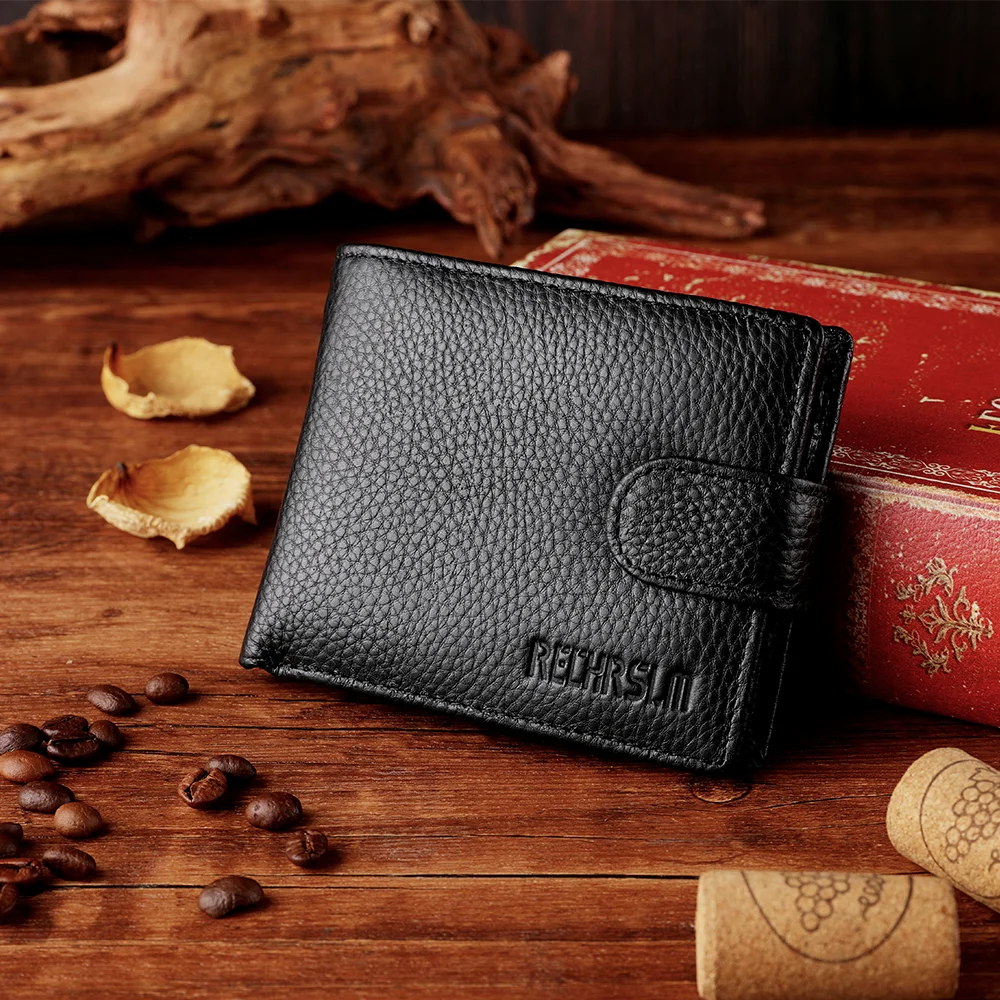 Men's Wallet Genuine Leather High-Quality Short Zipper Coin Pocket Snap Wallet with ID Window and Credit Card Compartments