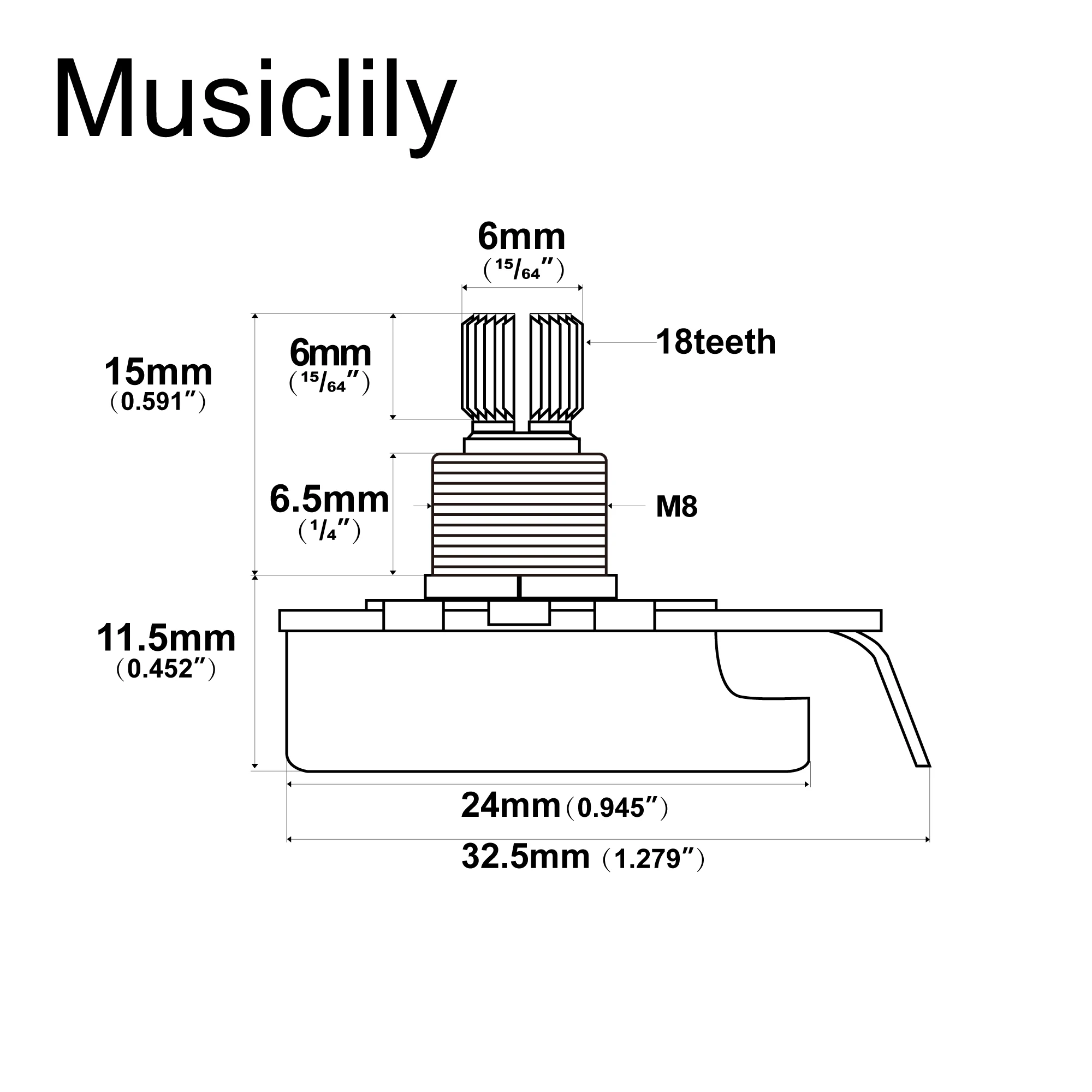 Musiclily Pro HD A250K/B250K/A500K/B500K/A1M/B1M Full Brass Metric Coarse 18-Spline Split Short Shaft 6.5mm Potentiometer