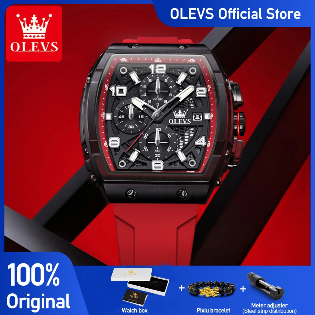 

OLEVS 2976 Новые мужские часы с полым хронографом Tonneau Кварцевые часы с силиконовым ремешком Водонепроницаемые светящиеся часы с датой Мужские подарки