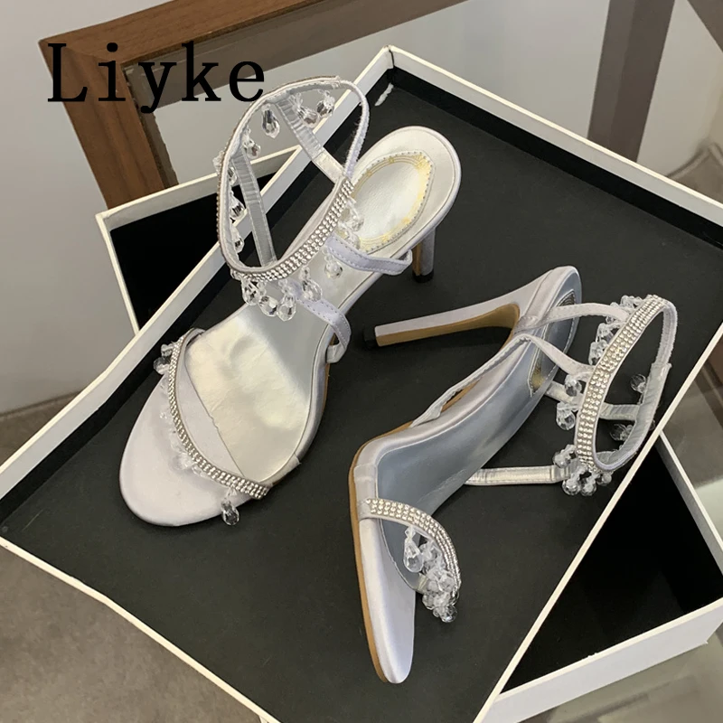 Liyke Elegant Women Wedding Party Dress Shoes Fashion Crystal String Bead Pendant Ankle Elastic Strap Sandals Ladies High Heels