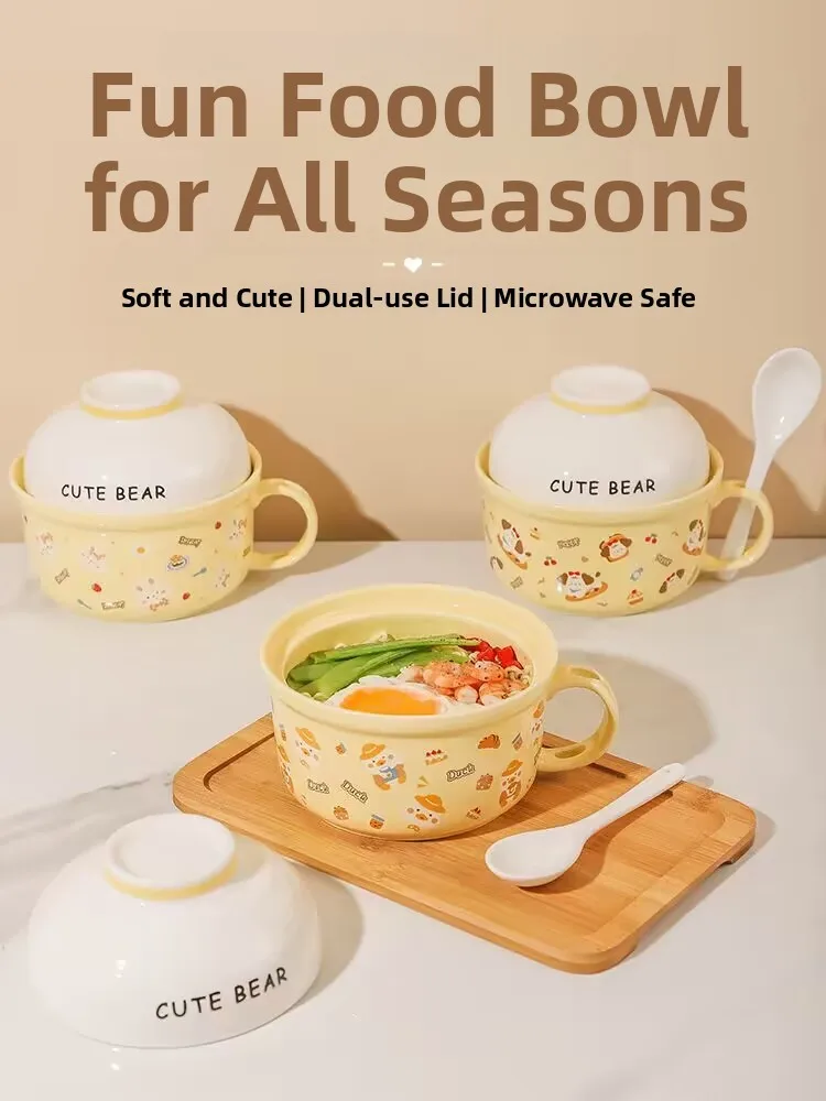 

Чаша для лапши быстрого приготовления Cerc с крышкой для студентов, домашнее использование, специальная миска для супа Dormi, милый животный узор, подглазурная раскраска