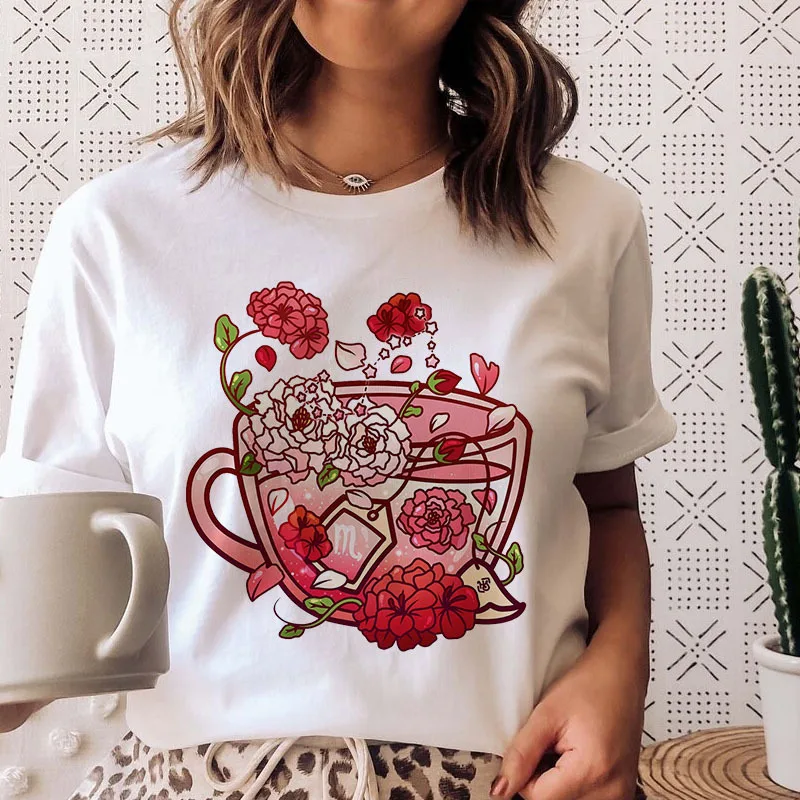 Baumwolle 100% Berry Kaffee Cartoon Print Kurzarm T-shirt Damen T-shirt Top Sommer Mode Frauen Kleidung Ästhetische Kleidung