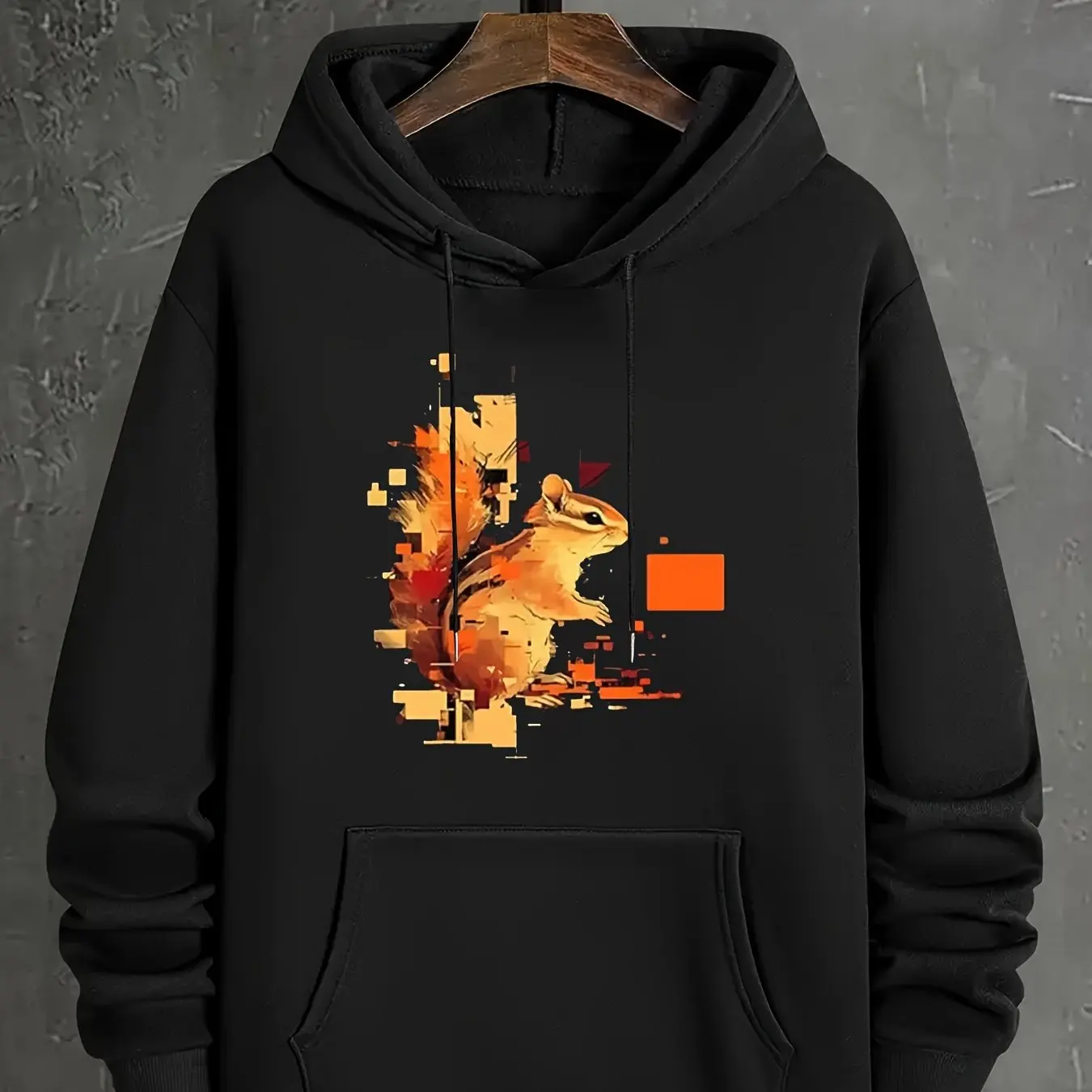 

black hooded sweatshirt artistic animal theme 2025 graphic print with colorful chipmunk and geometric shapes long sleeve casual​