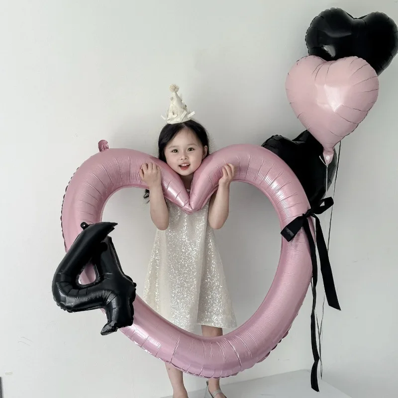 

INS 32inch Big Heart Aluminum Foil Balloon with Pink Bow Happy Birthday Stickers for Kids Birthday Party Baby Show Wedding Decor