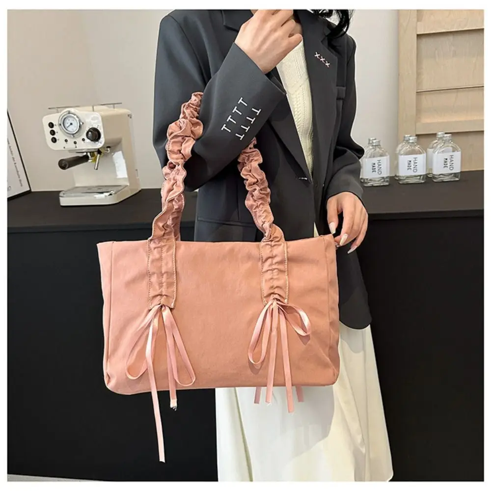 Creative Gift Large Capacity Handbags Harajuku Reusable Drawstring Bow Shoulder Bag Nylon Solid Color Tote Bag Daily Use