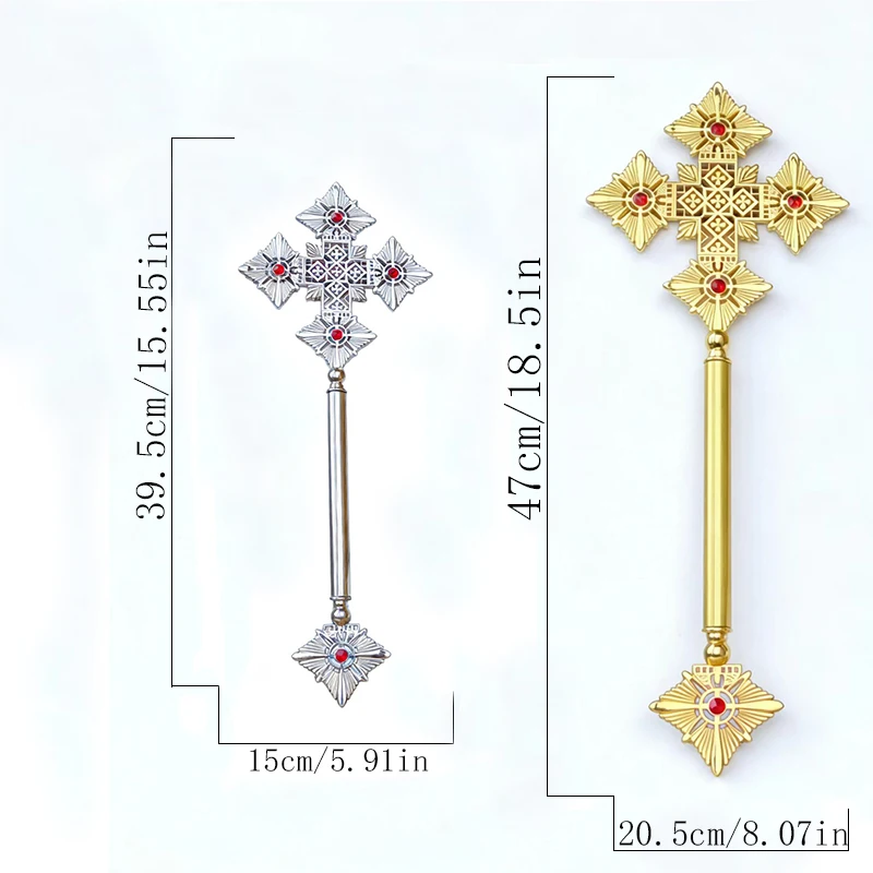 Neues traditionelles vergoldetes orthodoxes Standkreuz mit roten Emaille-Details für die Präsentation am Kirchenaltar und liturgische Feierlichkeiten – Detail 15