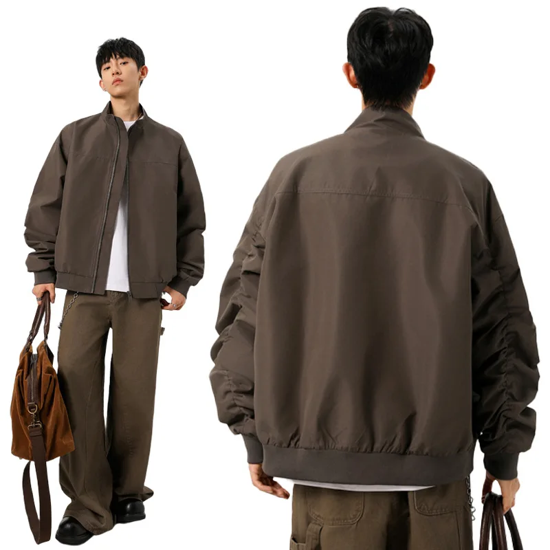 

Premium American Bomber Jacket Men, Men's Stand Collar Flight Coat, Autumn Trendy Men Baseball Jackets