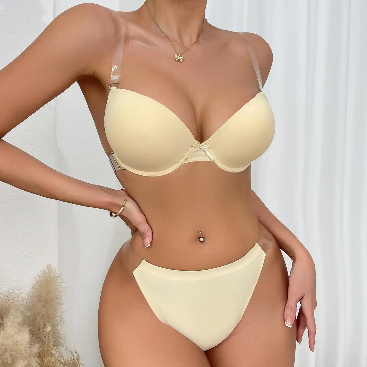 Beautear pakaian dalam Set celana dalam dan Bra Cup B C 70-85 warna Solid tidak terlihat Bra tanpa tali dan Thong untuk pesta pernikahan