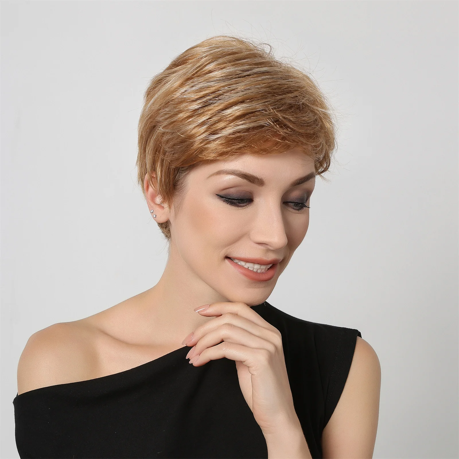 Synthetic Light Brown Platinum Highlights Short Straight Wigs With Pixie Cut Bang Hair Wig for Women Daily Party Heat Resistant