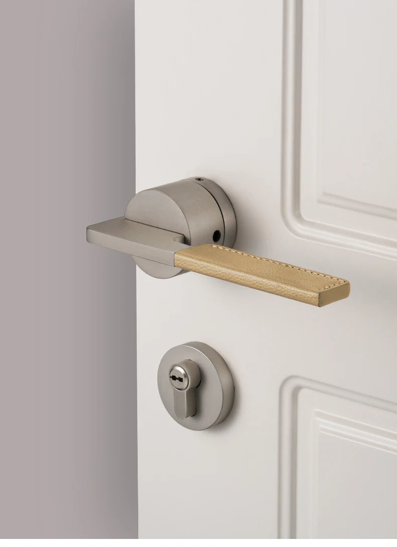DOOROOM Luxus-Türschloss in Kamelfarbe mit Leder-Einlage, Matt-Nickel Stabförmiger Griff, Minimalistisches Innentür-Zubehör für Schlafzimmer – Detail 9