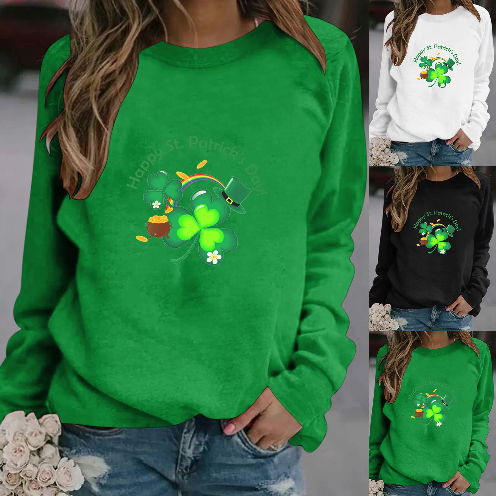 St. Patrick's Day Top Long Casual Top Women's Cute Loose Turtleneck Sweatshirt Printed Graphic Green Carnival Festival