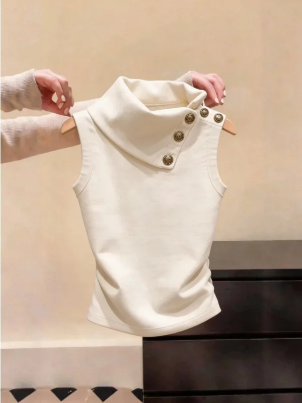 

Slimming Korean Style Knitwear Sleeveless Stand Collar Commute Top Women's Fashion plus Size Inner Wear Short Length