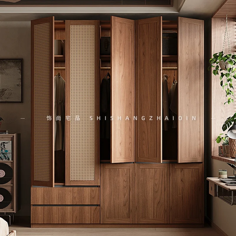 Rattan door wardrobe, antique walnut high-end free handle one door to the top segmented wardrobe storage cabinet