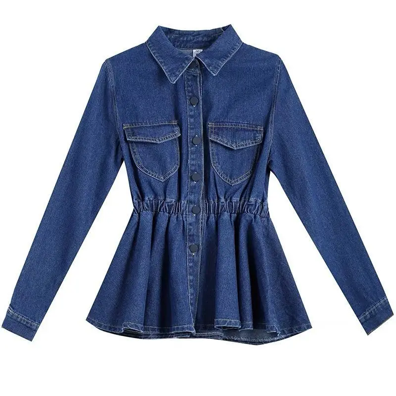 

Women Denim Shirt Spring Autumn Casual Single Breasted Elastic Waist Tops Office Lady Long Sleeve Jeans Blouses