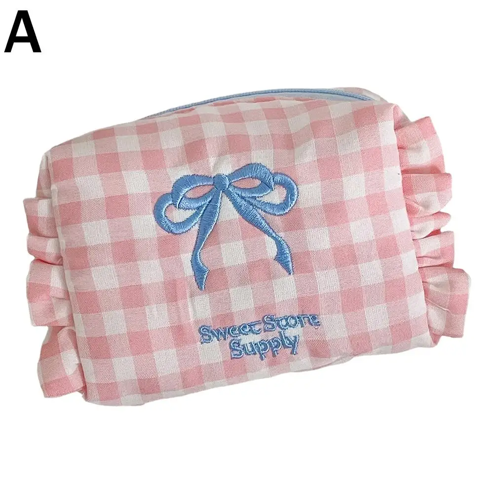 Borsa portamonete con fiocco scozzese Borsa per studenti Borsa ricamata con tasca scozzese dolce Borsa da toilette da viaggio con volant T1C9