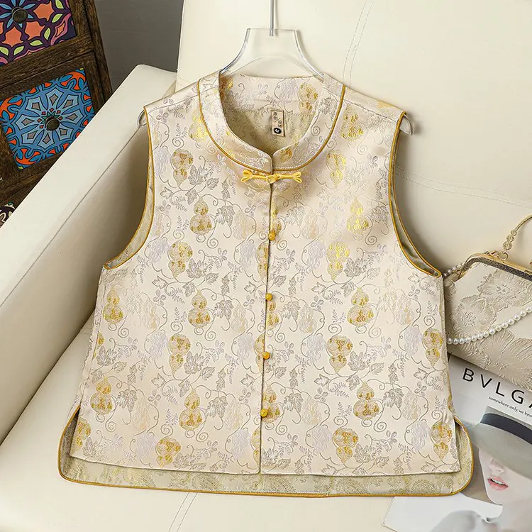 

New Chinese Sle Satin Vest Women's Stand Collar Tang Suit Button Spring Faion Outerwear oulder Pad Vest
