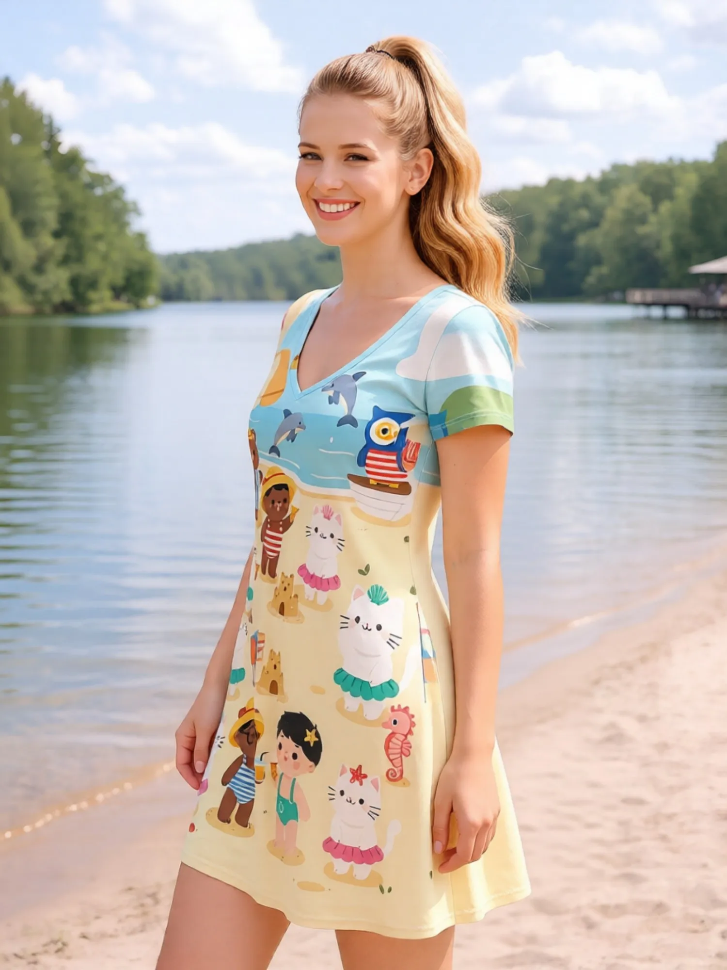 Damen-Minikleid mit V-Ausschnitt und kurzen Ärmeln, weiches, ausgestelltes A-Linien-Sommerkleid für den Sommerurlaub, Strand, leichte Sommerkleidung – Detail 4