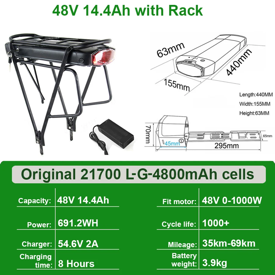 Ebike Batterij 36V 18Ah 17.5Ah 13AH 15H Achterdrager Elektrische Fiets Batterij 18650 27100 Pack voor 36V 250W 350W 500W Motor Kit