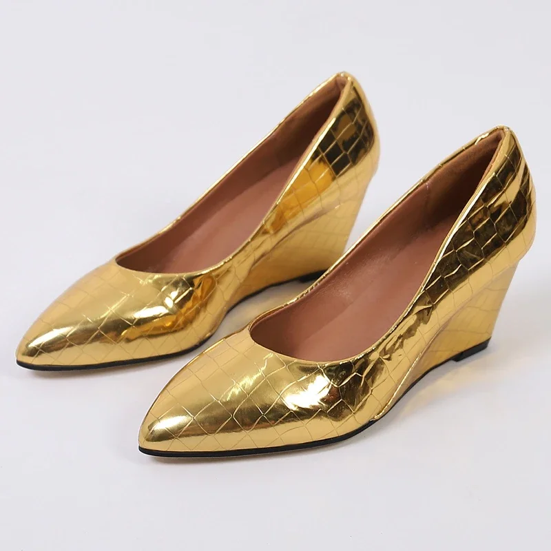 Gold Wedge Casual Shoes Women Pointed Comforts High Heels Office Women\'s Shoes Crocodile Pumps Silver Patent Leather Loafers