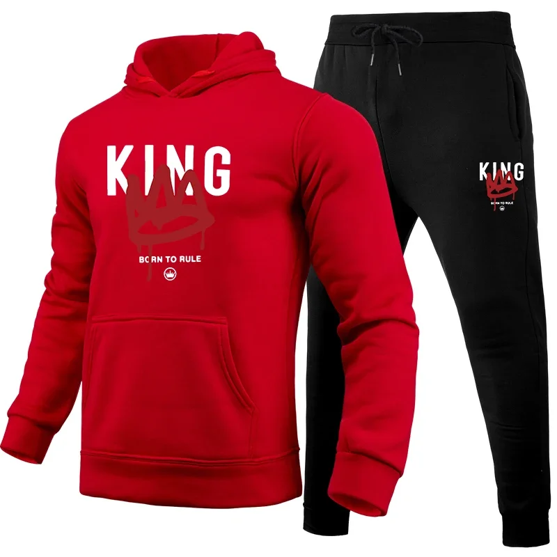 King Printing Men's Tracksuit Casual Hooded Sweatshirts Outdoors Fitness Sports Jogging Clothing 2026 Autumn Winter 2 Pcs Sets