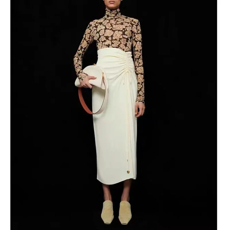 Nanu Style Women High Waist Slim Fit Long Skirts Cream Elegant Side Slit Waist Drawstring Tie Gathered Bottoms Female Maxi Skirt