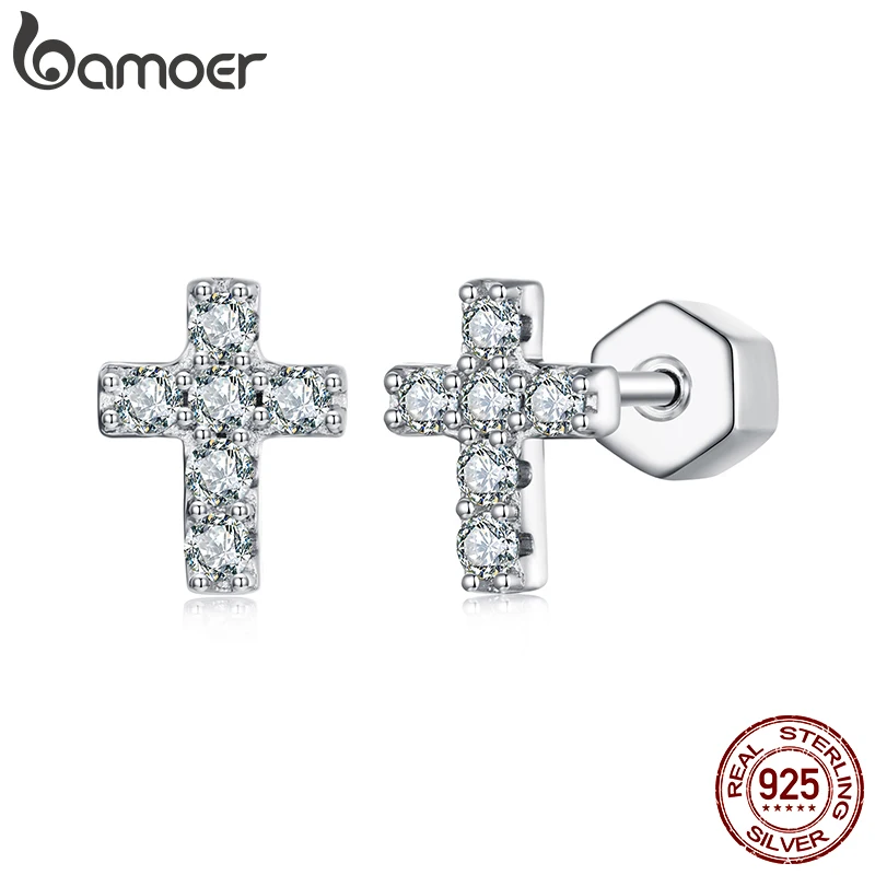 

BAMOER White Gold Plated Moissanite Cross Earrings for Women, 925 Sterling Silver Small Religious Faith Cross Studs Huggies