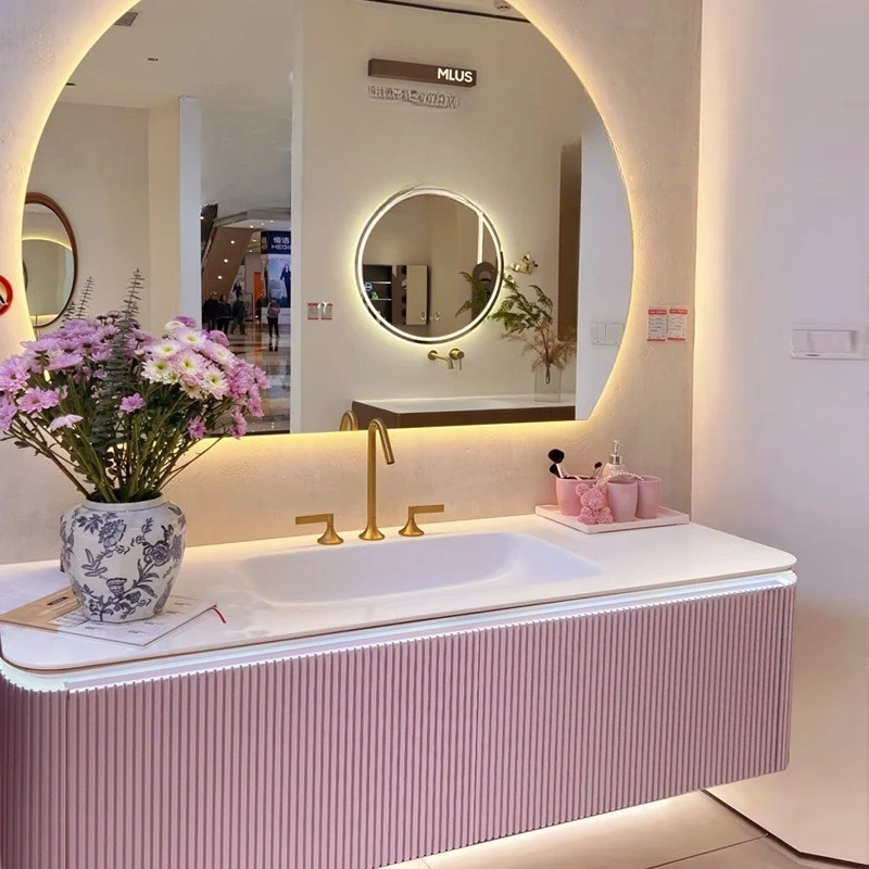 Pink oak, bathroom cabinet, ceramic integrated basin, washbasin, bathroom, rounded corner face wash basin, combined cabinet.