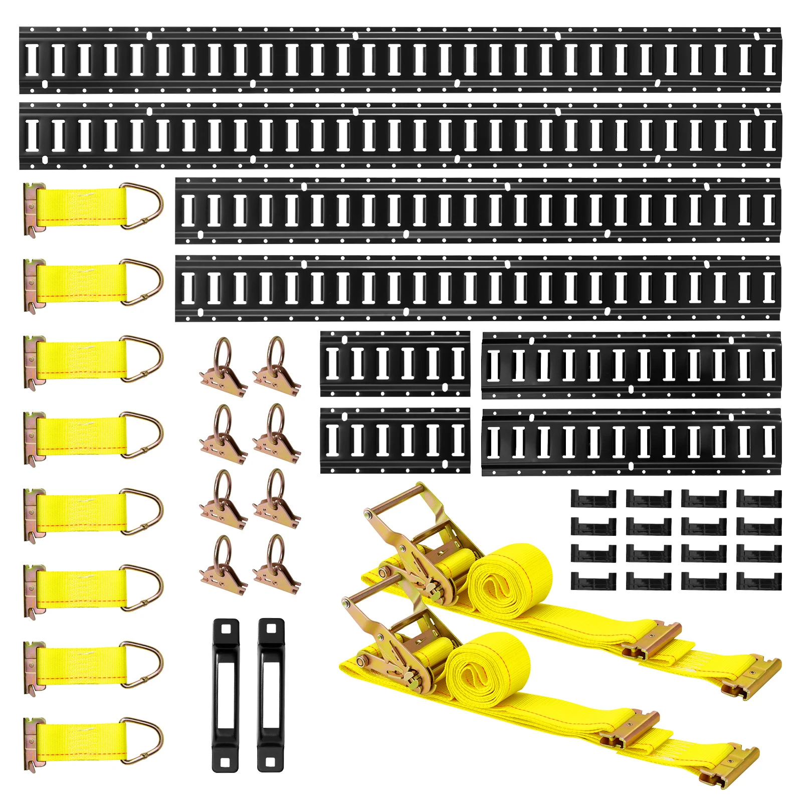 E-Track Tie-Down Rail Kit, 8 Pack (5ft+4ft+2ft+1ft) E Track Rails, 36 Pcs Includes 2 Ratchet Straps & 8 O-Rings & 8 Tie-Offs with D-Ring & 2 Single Slots & 16 End Caps, Compatible with Vans Trailers