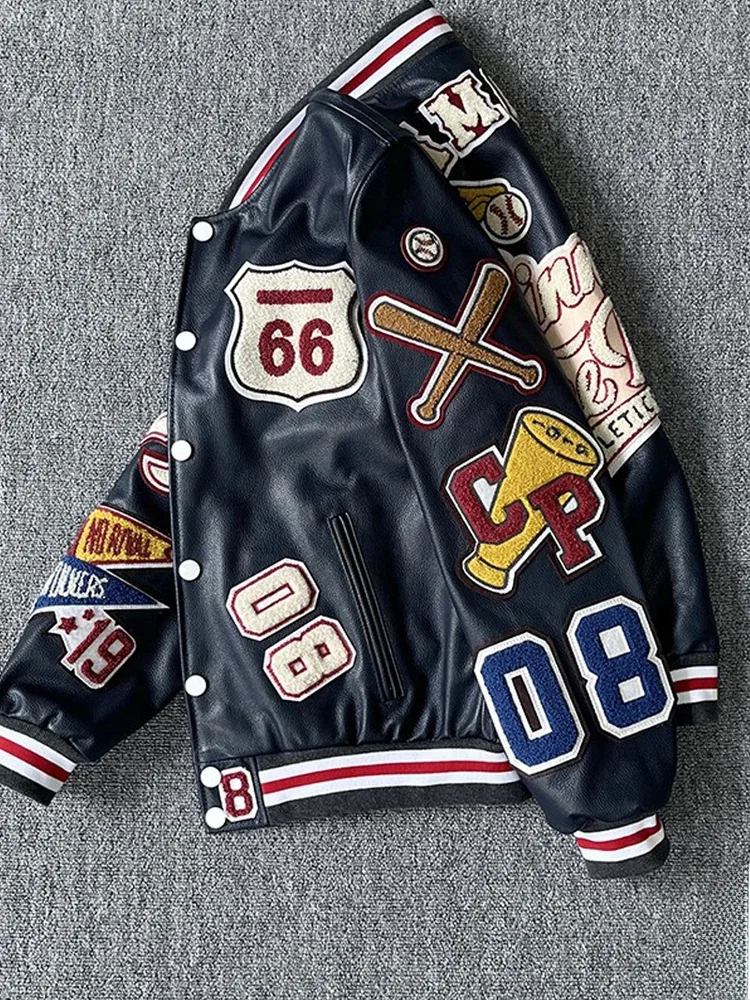 

Утепленная кожаная куртка из мягкой воловьей кожи с вышивкой в бейсбольном стиле для мужчин и женщин, теплая повседневная короткая куртка